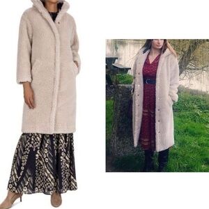 New ba&sh Paris Filip Teddy Coat Ecru Hooded Faux Fur Long Belted Coat Medium